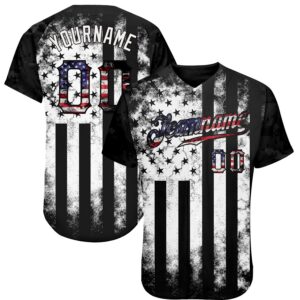 Custom Black USA Flag-White Patriotic Distressed Grunge Desert Camouflage Raglan Sleeves Authentic Baseball Jersey